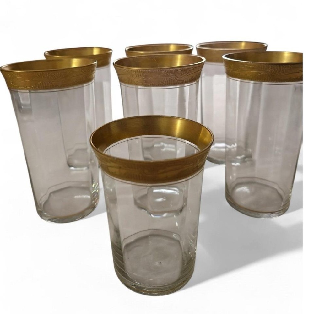 MCM Tiffin? Gold Rimmed Glassware‎ Set 7pc Mid-Century Modern Barware Clear Gold